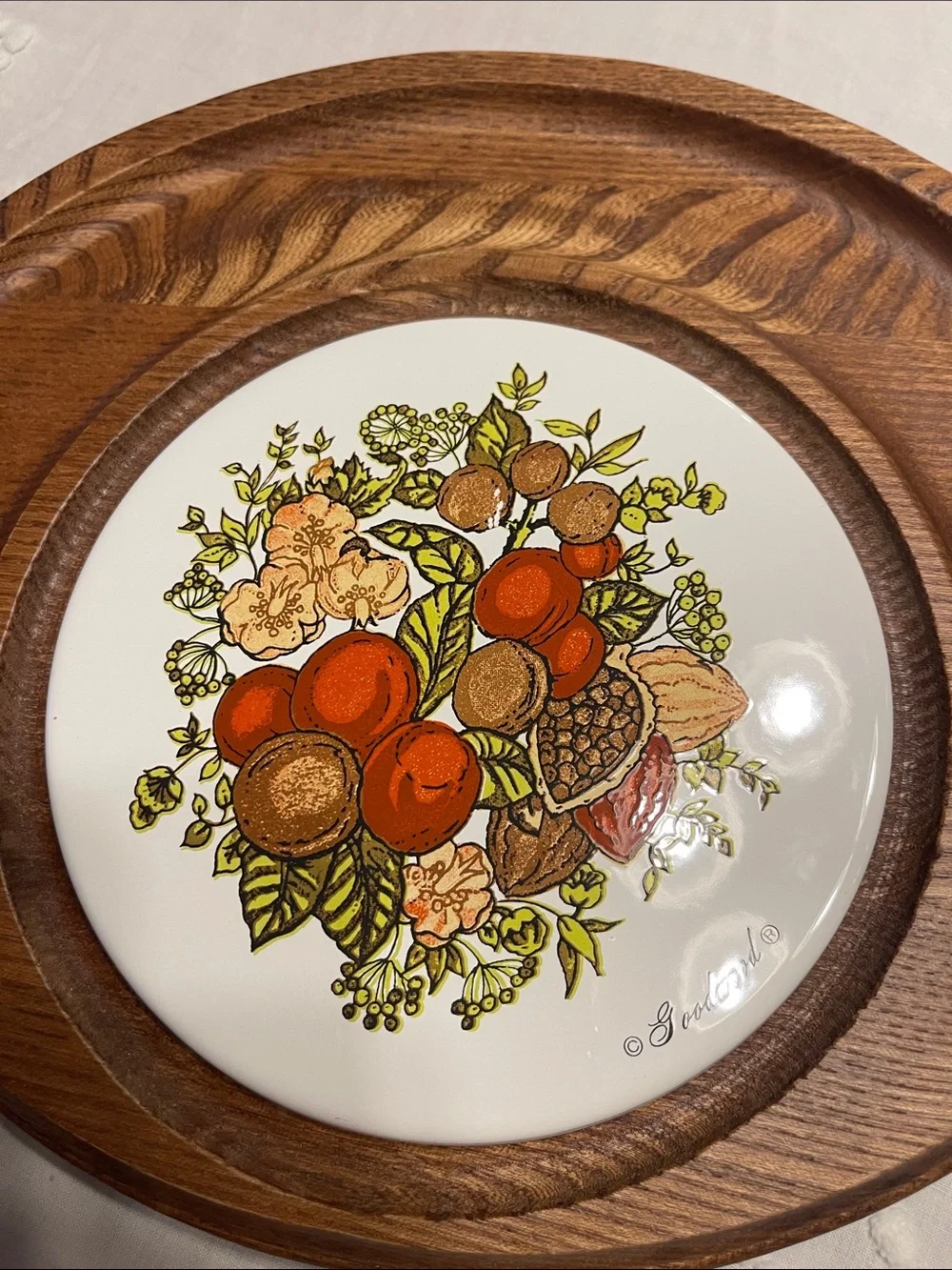 Corningware Orange Floral Ceramic Plate with Clear Glass Dome and Wooden Base